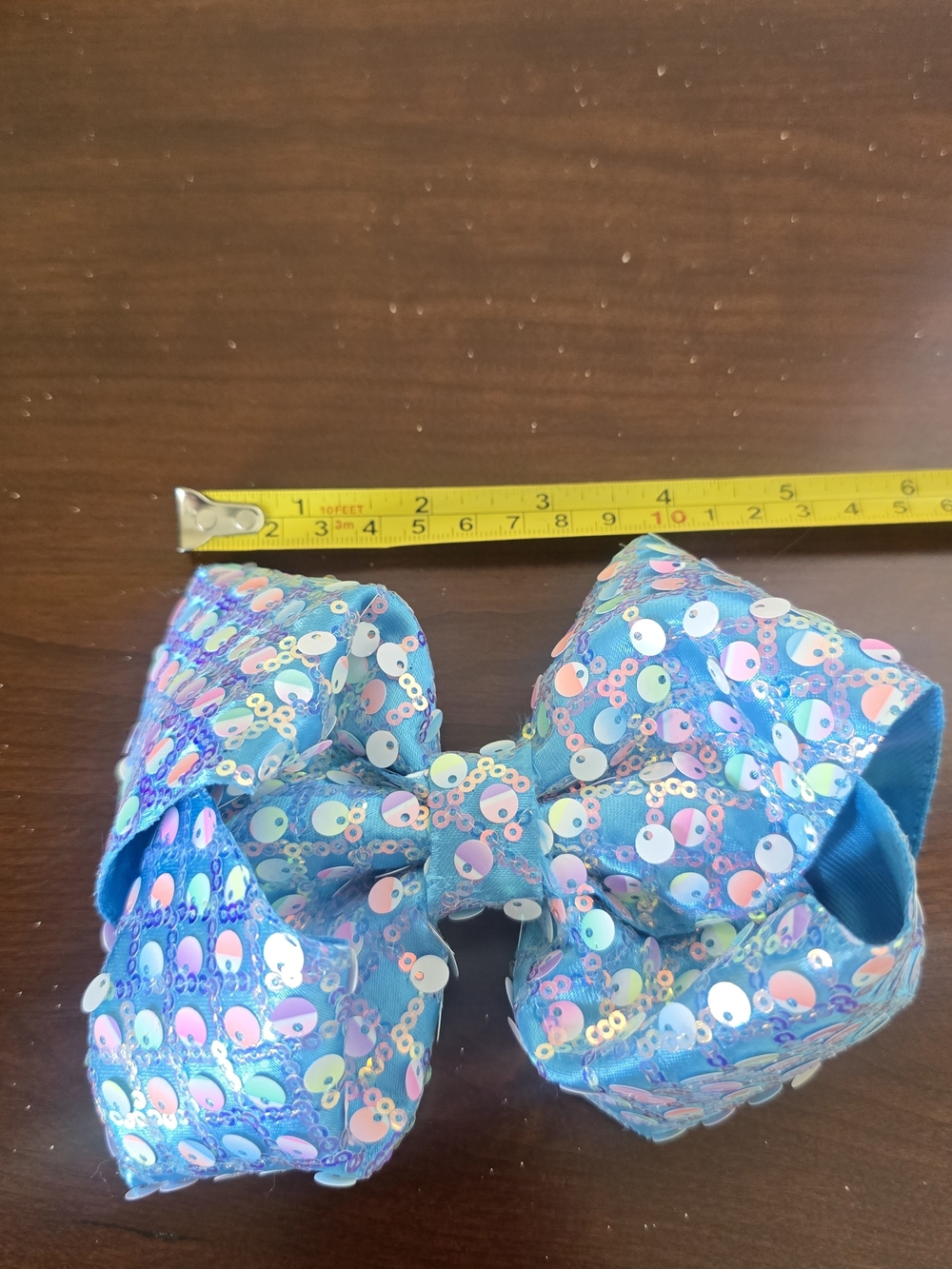 Handmade Large Blue Sequin Hair Bow with Iridescent Sparkle